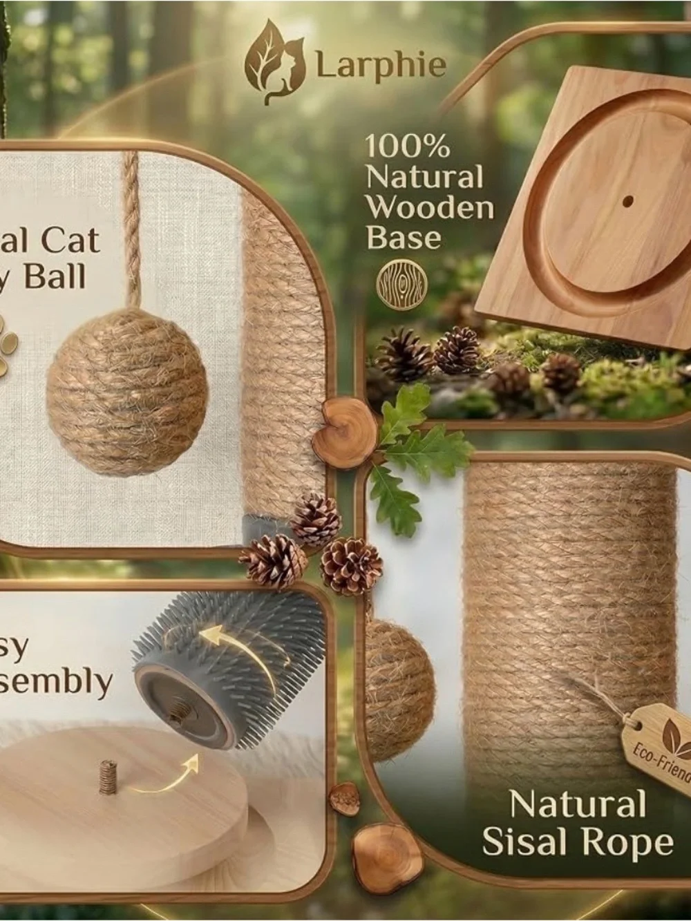 Natural Wood Cat Scratching Post with Gray Grooming Brush and Toy Balls